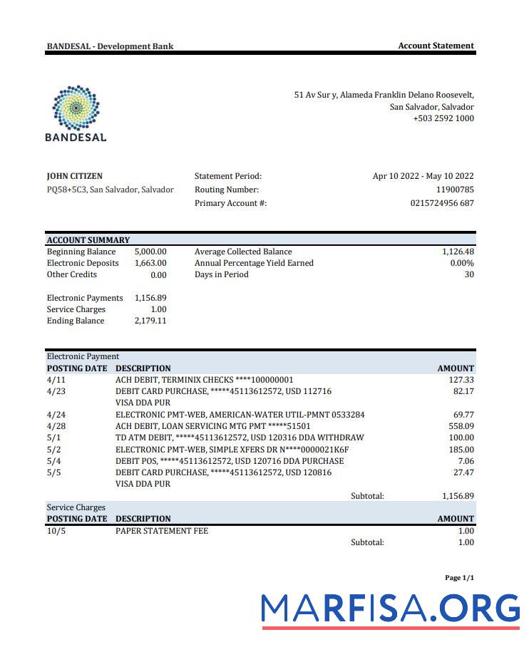 Downloadable Salvador Bandesal bank statement excel example